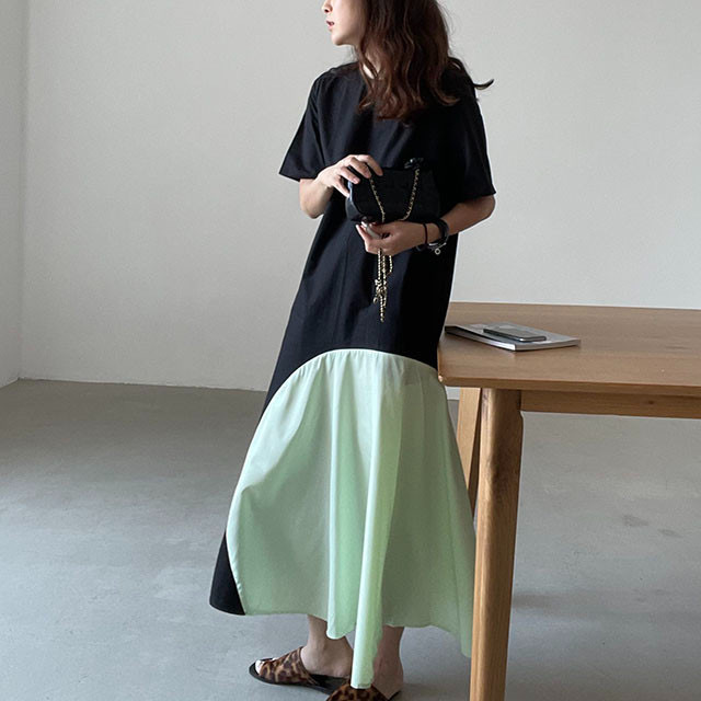 South Korea Chic Summer New Simple All-match Round Neck Stitching Contrast Color Loose Over-the-knee Long Short-sleeve dress Women