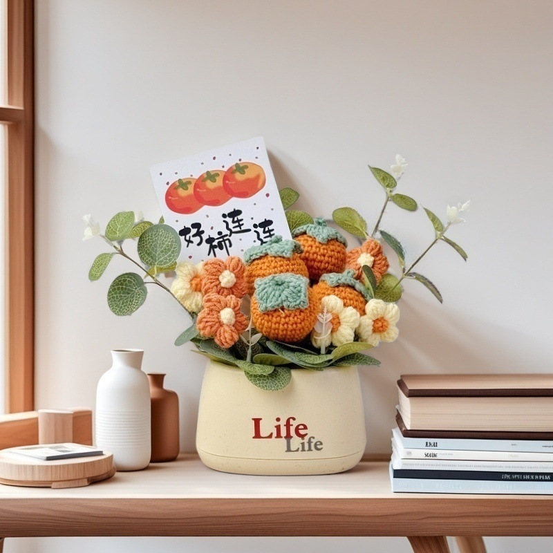 Picture of Creative bouquet knitted flowers diy material hand-woven potted finished desktop ornaments send goddess send mother