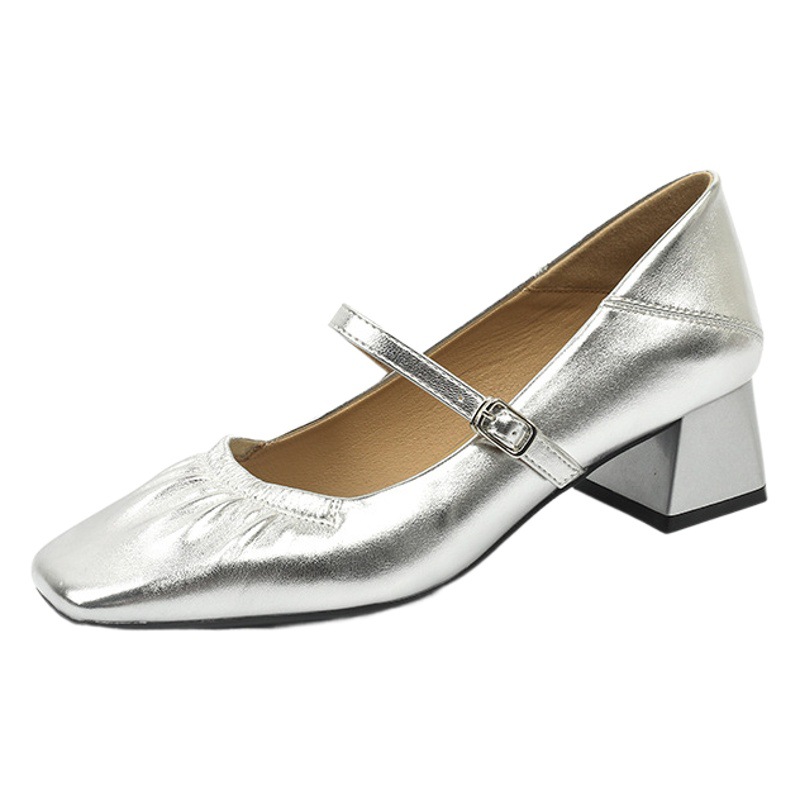332-33 silver sheepskin square head thick heel shoes women's middle heel soft leather buckle Mary Jane shoes spring and autumn