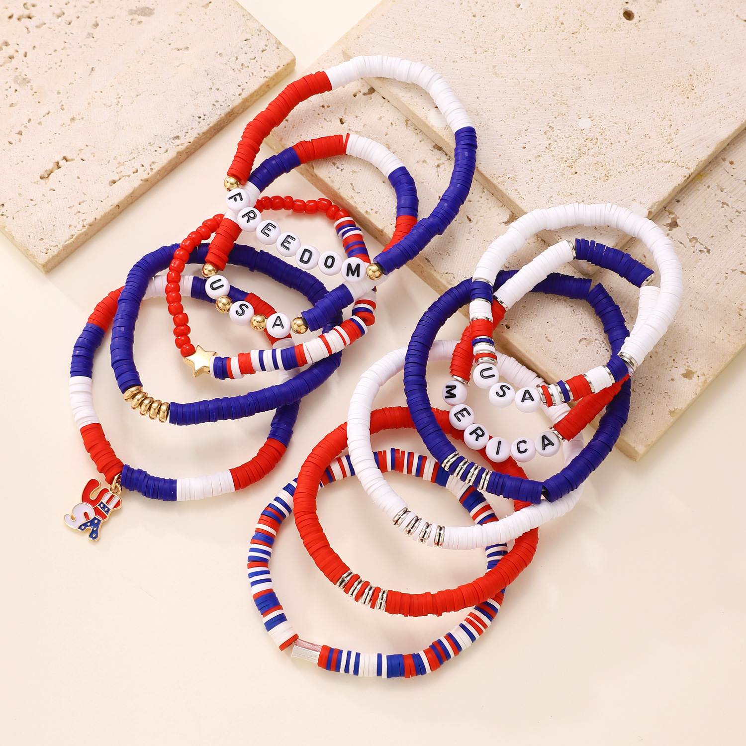 Picture of American Independence Day Bracelet suit Soft Pottery Beaded Letter Bow Love Personalized Fashion Multi-layer Bracelet for Women