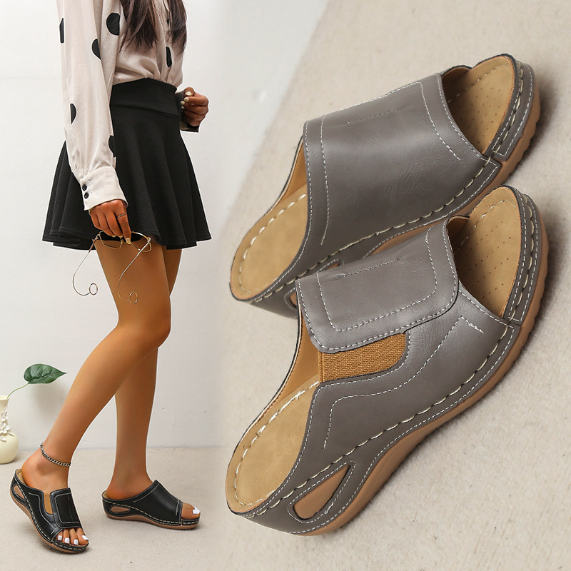 European and American New plus size All-match Cross-border Flat Slippers Women's Amazon Open Toe Wedge Foreign Trade Loafer Slip-on Shoes