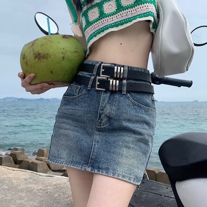 Double belt Denim short skirt women's spring and summer anti-exposure lining retro distressed high waist slimming sheath A- line skirt