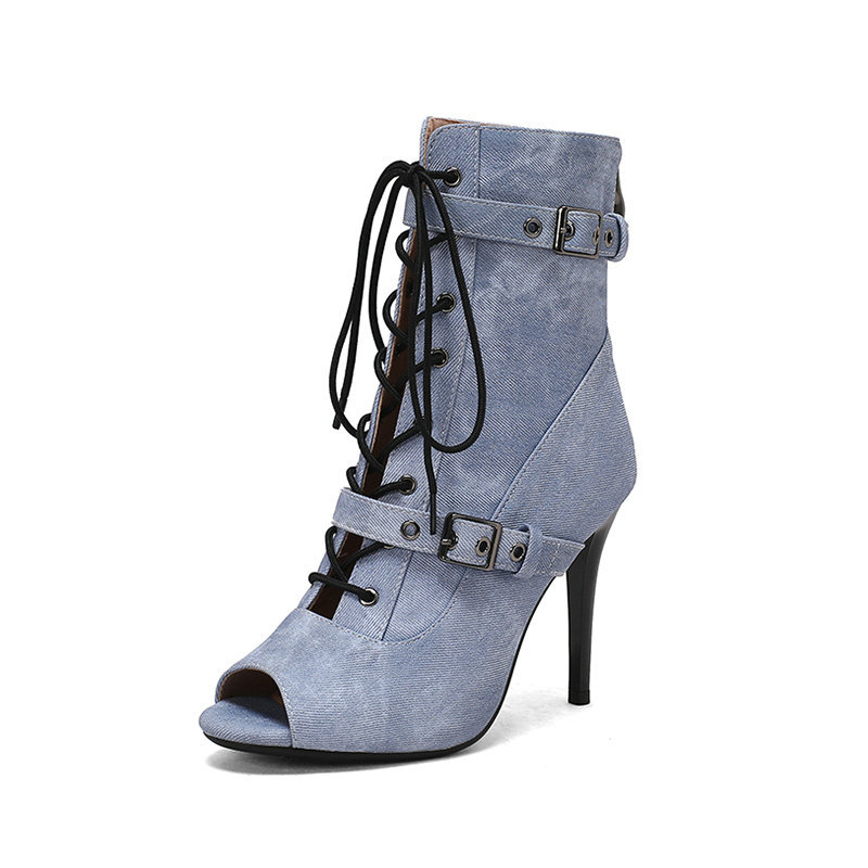 Peeple Toe Sandals Women's Summer Denim Thin Heel High Heel Belt Buckle Hollow Short Boots Lace Up Jazz Dance Shoes