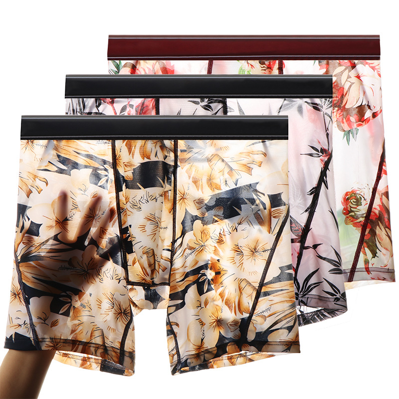Men's boxer underwear Ice Silk sexy coquettish boxer shorts head summer breathable thin flower underwear youth tide