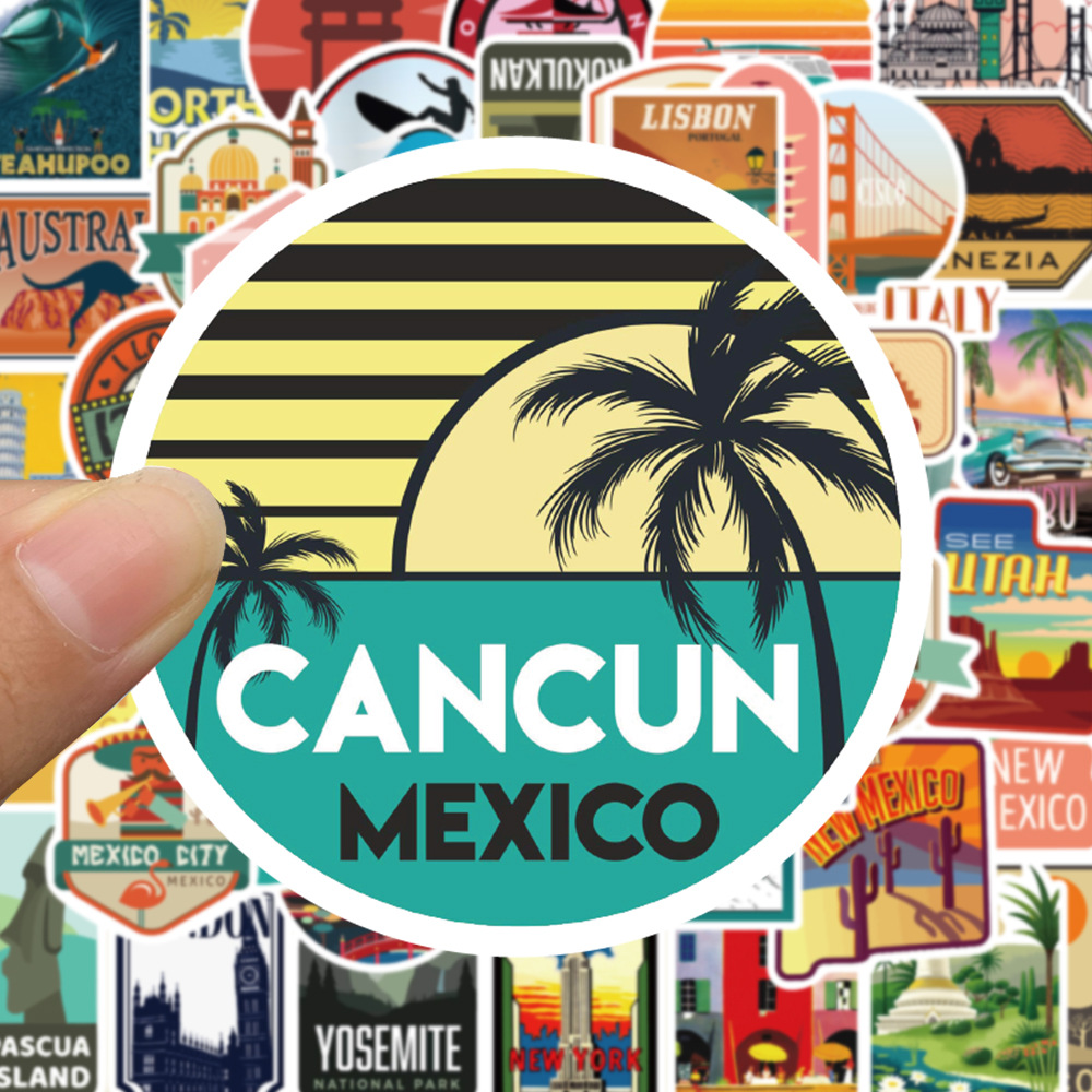 Picture of 50 pieces city travel landscape stickers luggage skateboard luggage laptop phone case body stickers waterproof