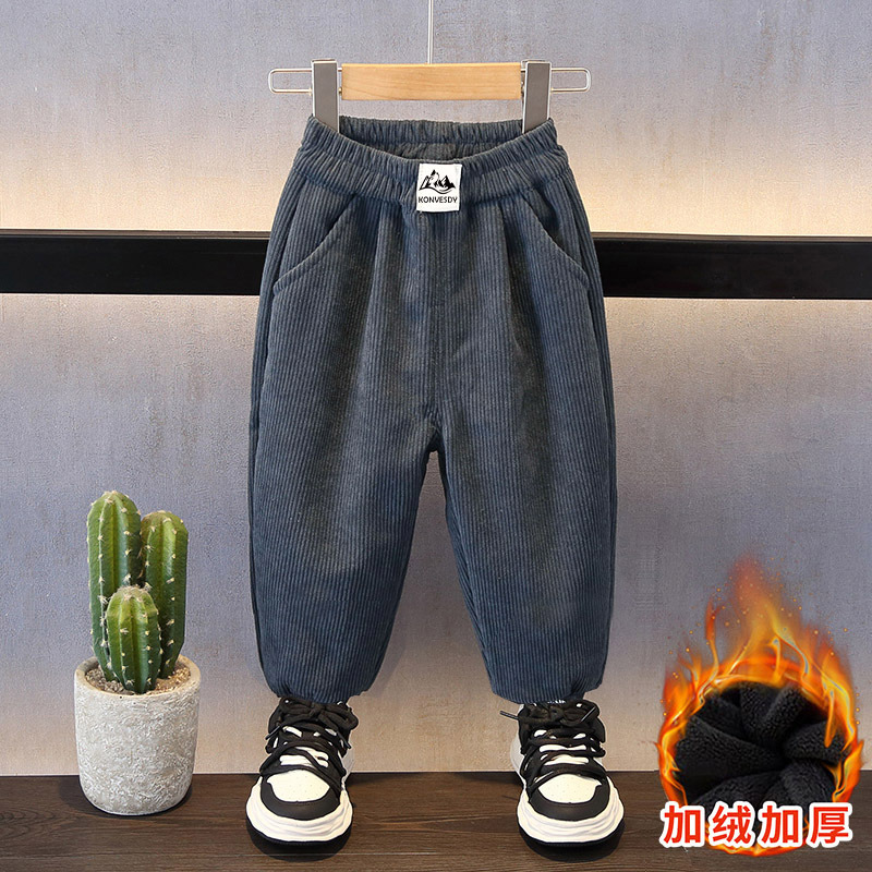 Children's pants 2023 Winter one-piece velvet corduroy trousers boys and girls fleece-lined thick warm Korean casual