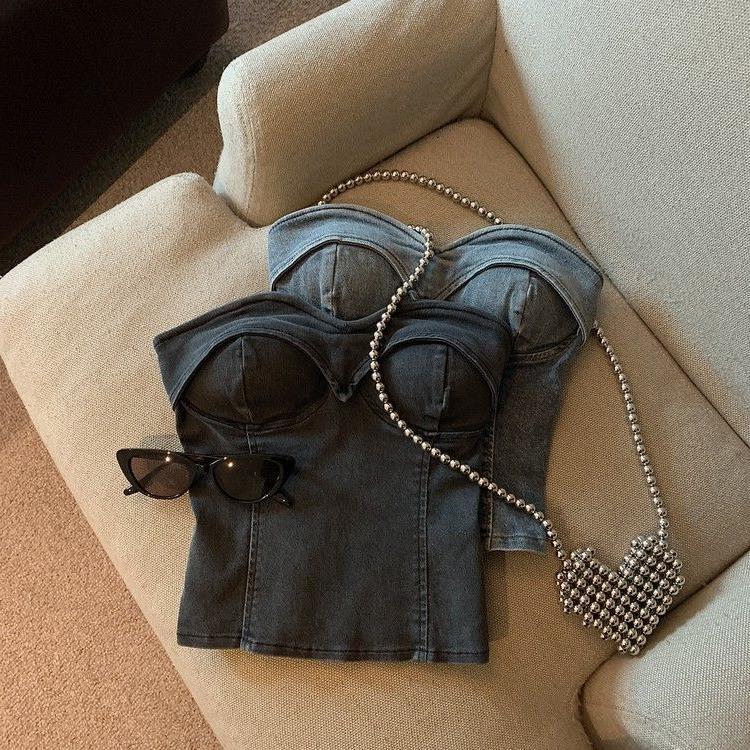 Picture of Fashion hot girl retro color Denim tube top women's summer 2023 new sweet cool all-match off-shoulder navel short top