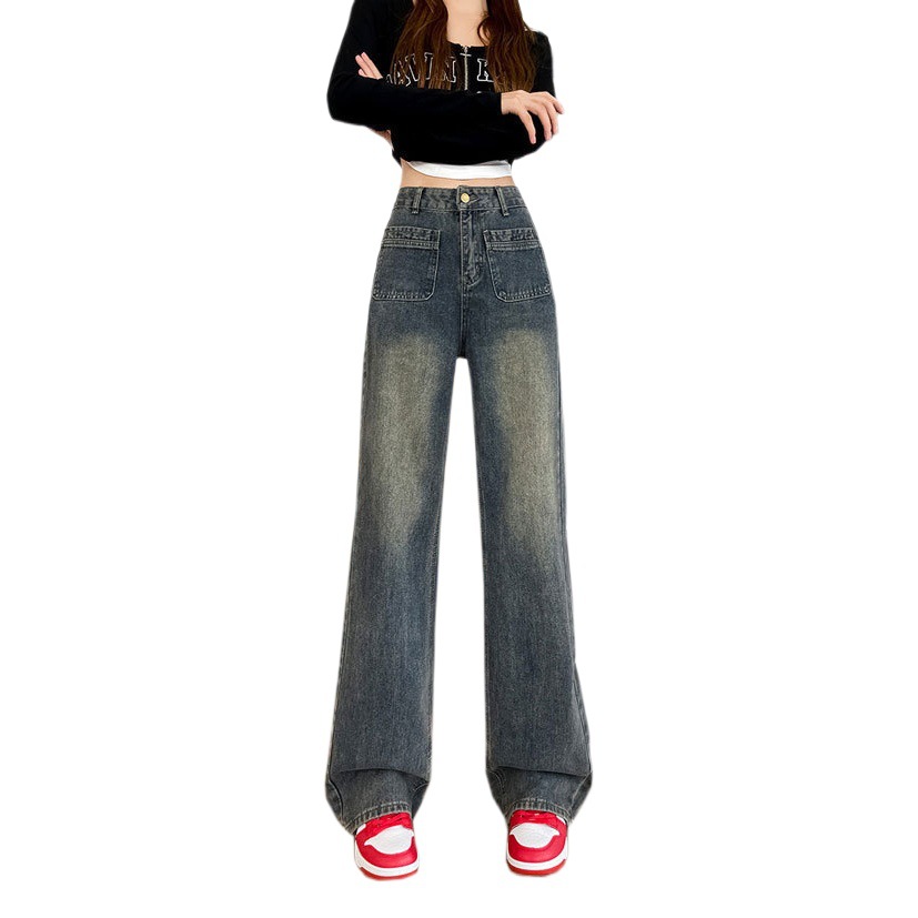 Pocket Design Straight Leg Jeans Women's Narrow Cement Grey Old High Waist Loose Slimming Wide Leg Floor Long Pants