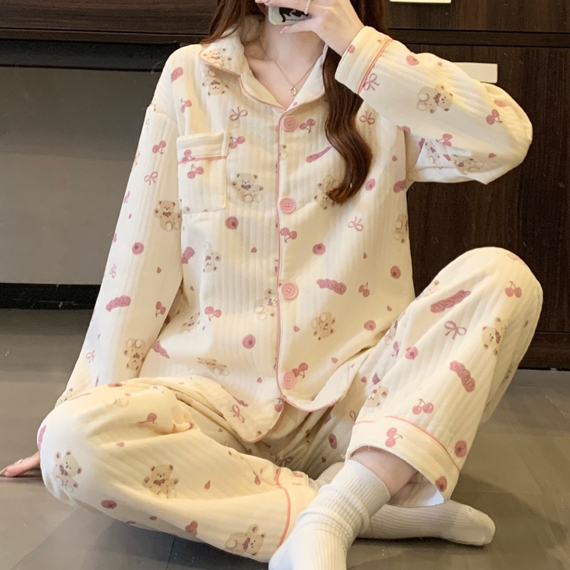Cute Girl Cherry Bear Pajamas Spring New Air Cotton Thickened Long-Sleeved Autumn and Winter Home Clothes Wholesale