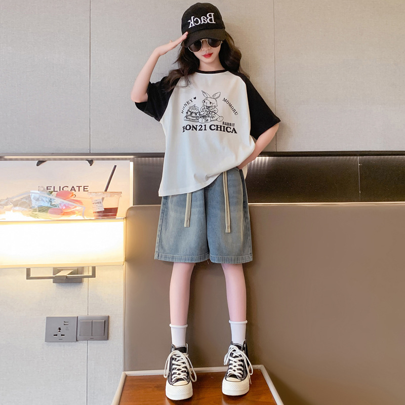 Girls Summer Shorts Set 2025 New Korean Style Children's Pants Girls Summer Thin Denim Quarter Pants