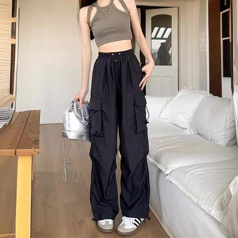 Cross-border in stock American Overalls Casual Pants Women Summer High Waist Loose Wide Leg Pants Straight Leg Pants Sports Pants