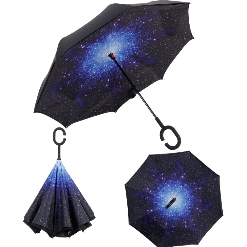 Straight Handle C-Shaped Reverse Umbrella Long Handle Black Coating Manual Sun Protection Umbrella Double-Layer Sunshade Umbrella Logo Windproof Double-Layer Reverse Umbrella