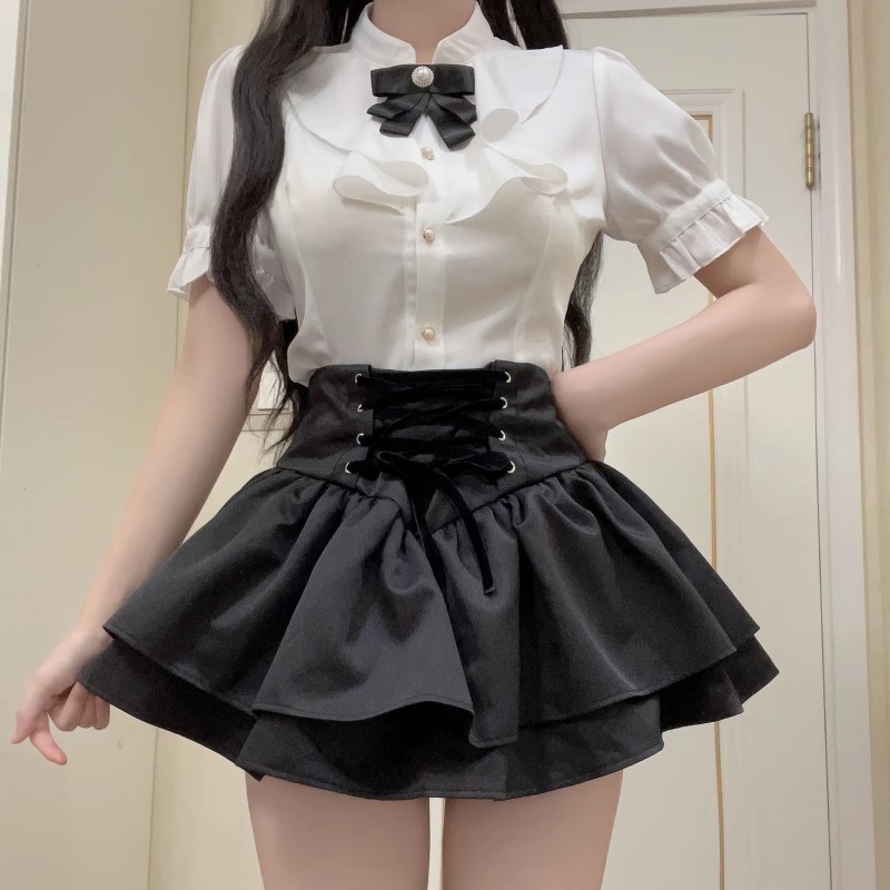 Aging-reducing Tutu Skirt Women's 2024 Spring and Summer New High Waist Lace-up Mesh Short Skirt A- shaped Leg Long Mini Skirt