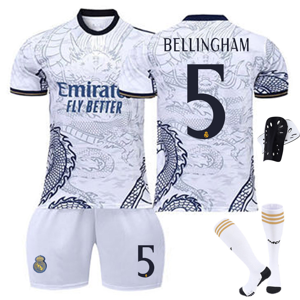 2324 Royal Horse Football Uniform Dragon Pattern White Special Edition Ronaldo Balin Mbappe Uniform Children Adult Suit