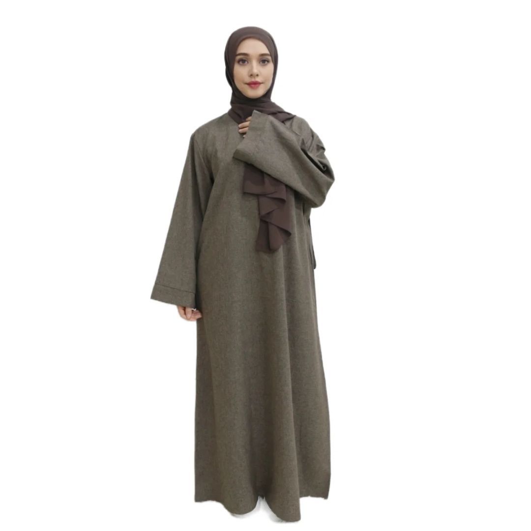 Picture of 2025 Middle East Cross-border Muslim Two-color Plain Long-sleeved Belt Basic Casual dress