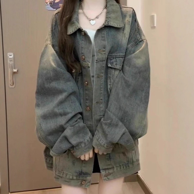 American washed autumn denim jacket for women, vintage 2025 design new loose jacket top, casual fashion