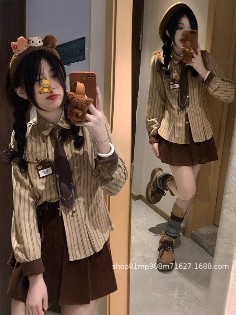 2025 Spring and Summer College Style Striped Shirt Women's New Retro Striped Korean Style College Style Loose Design Sense Long Sleeve