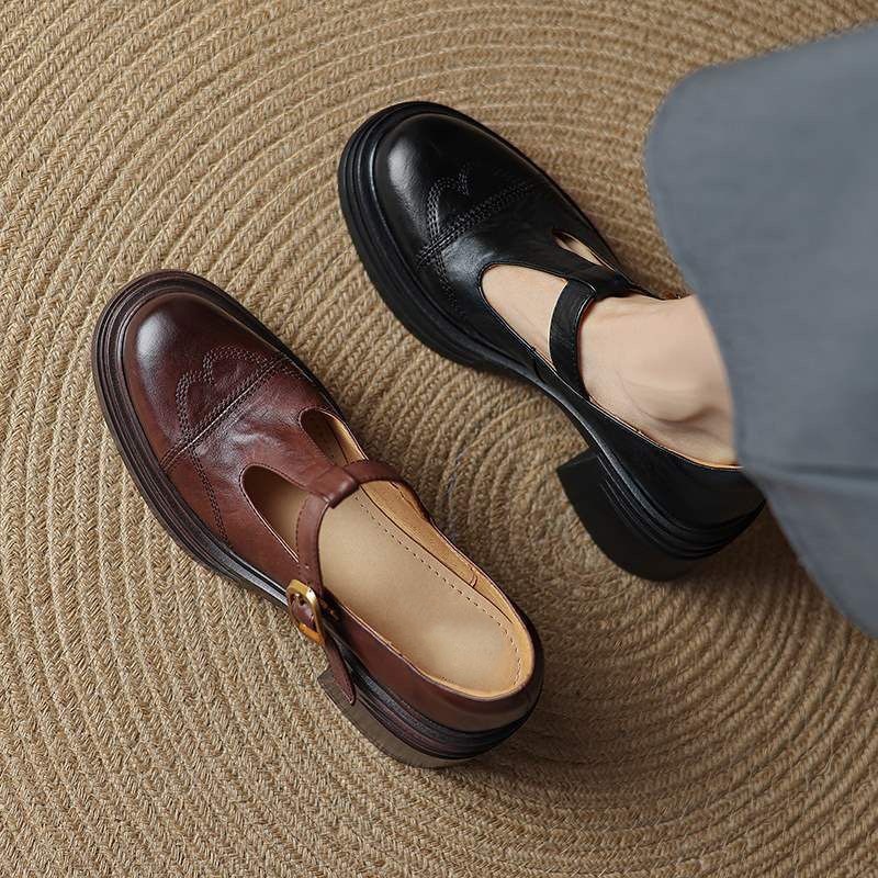 Giant Good Wear French Single-layer Shoes Women's Spring and Autumn Round Toe High Heels Thick Heel Genuine Leather Thick Sole Vintage All-match Mary Jane Shoes for Women