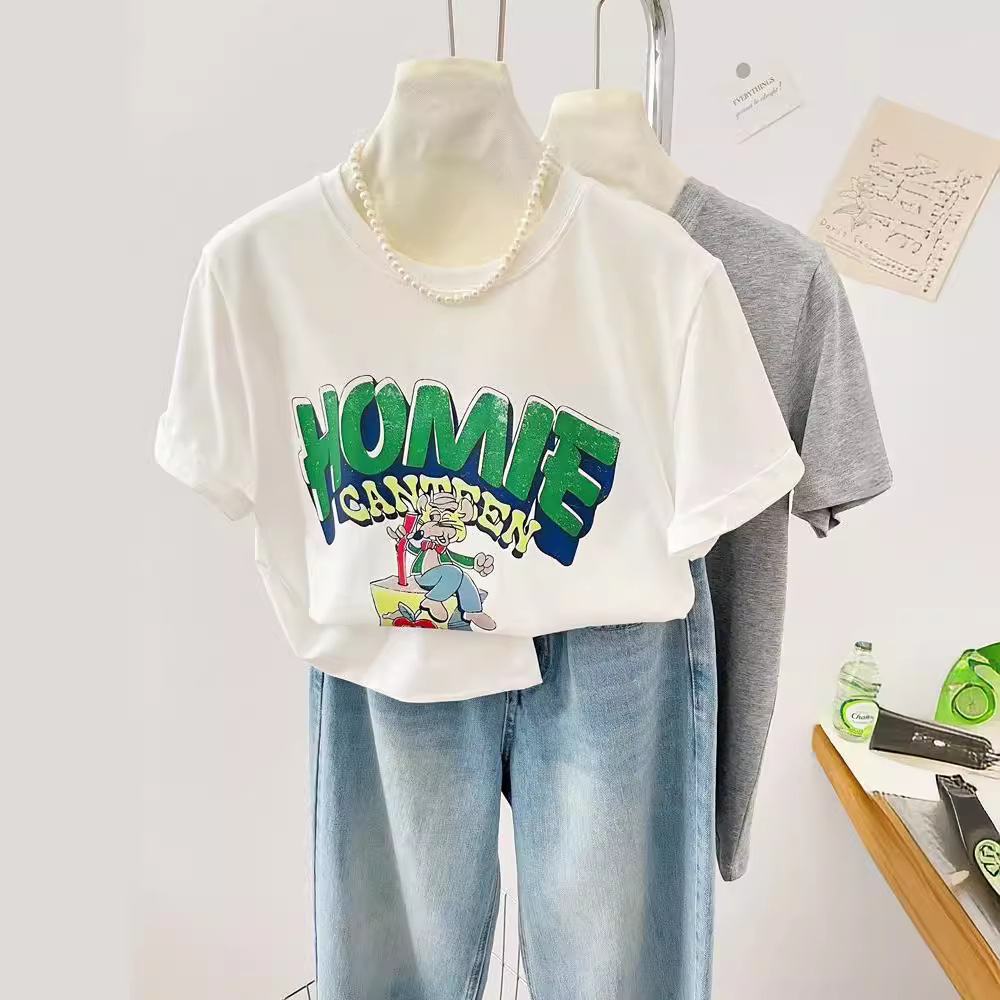 Crewneck Shoulder Modal Short-sleeved T-shirt 2024 South Korea Dongdaemun Women's Clothing Foreign Style Mouse Letter Cartoon Printing