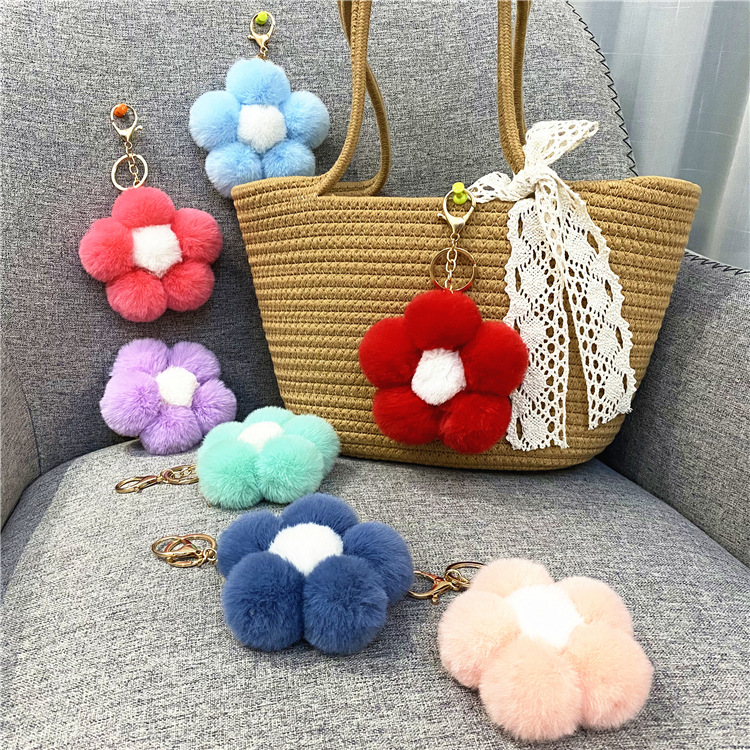 Creative flower fur ball key chain cute plush floret bag pendant mobile phone accessories car key ring gift