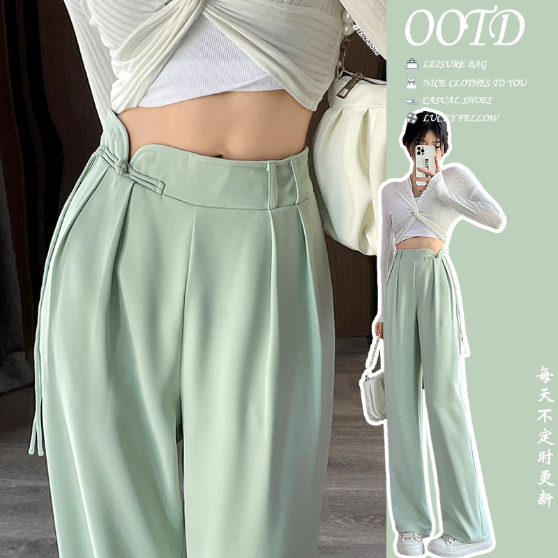 New Chinese style buckle high waist casual pants for women Spring New National style niche design elastic waist wide leg straight pants
