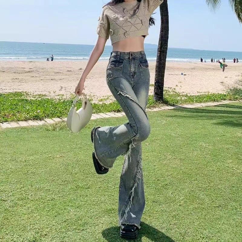 Blue Jeans Women's 2024 Summer New American Design Sense Niche Rough Retro High Waist Horn Pants