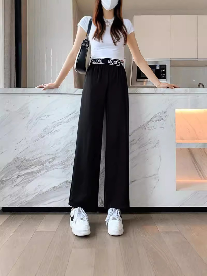 Black Ice Silk Wide-leg Pants Women's High Waist Dosing Summer Thin Straight-leg Women's Pants 2024 New Spring and Autumn Casual Pants