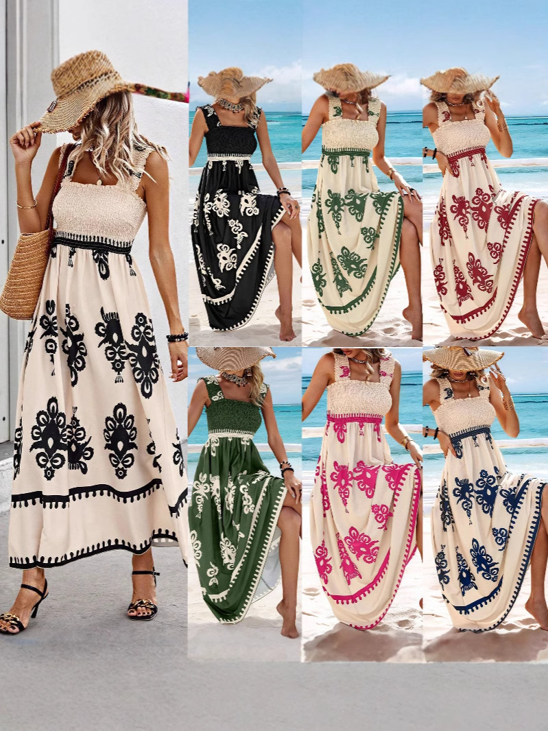 2025 European and American New Amazon Aliexpress Hot Selling Women's Beach Skirt Resort Style Printed Chest-Wrapped Dress