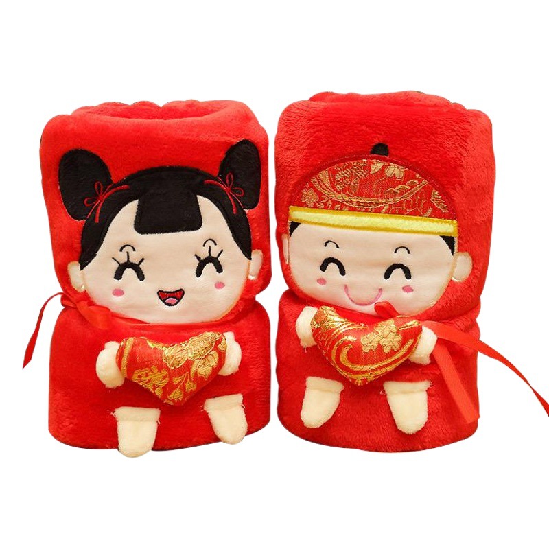 Wedding Home Textiles Creative Wedding Gift Blanket Red Tang Suit Doll Couple Blanket Red Flannel Blanket