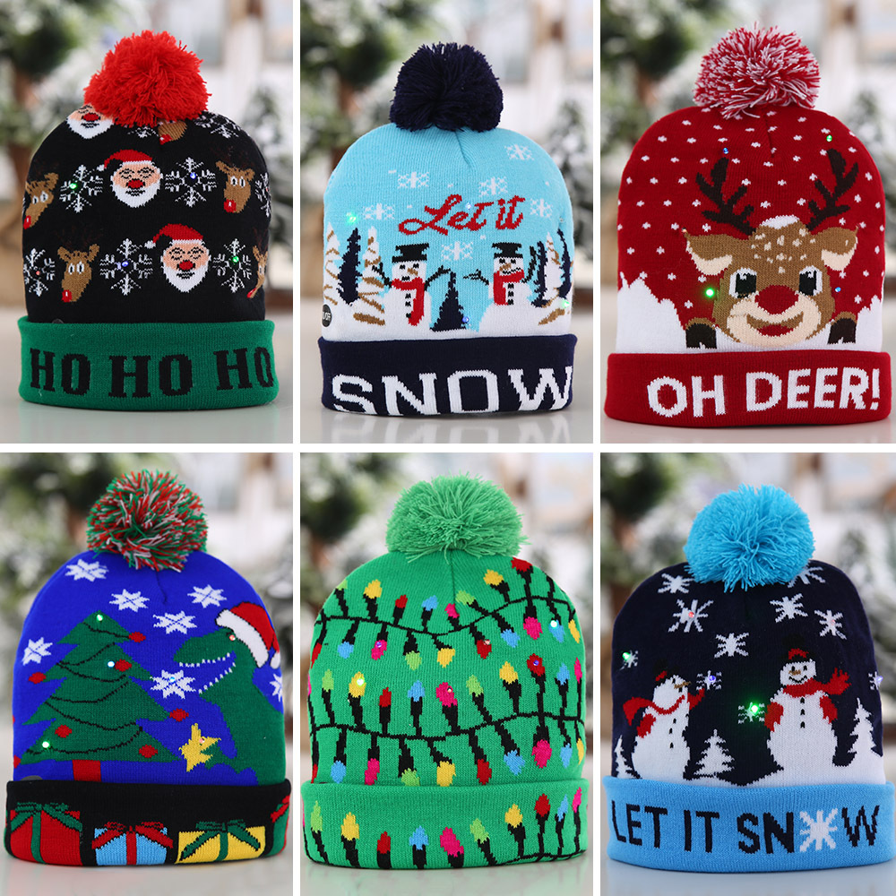 Haobei Christmas Decoration Supplies Cuffed Knitted Hat with Balls Led Light Hat Adult and Kidsren's Hat Export Hot Sale