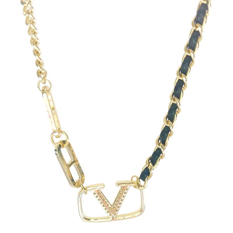 Fashion new leather stitching sweater chain micro-inlaid letter V fashion sense light luxury necklace clavicle chain European and American style