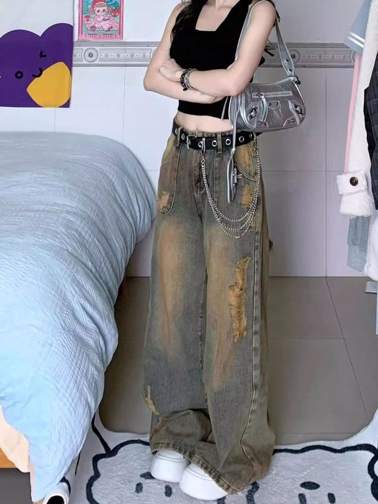 Washed Design Niche Ripped Jeans Women's American Style Loose Large Size Straight Floor-Length Wide-Leg Pants Long Pants