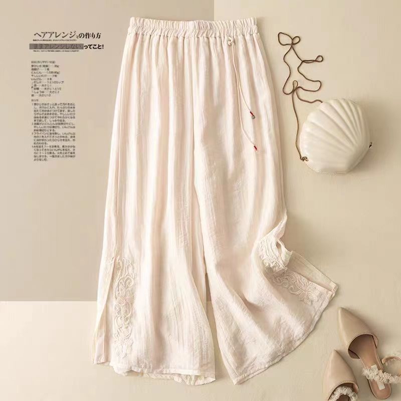 Casual Season Loose Wide-leg Pants Women's Summer Cotton Artistic Embroidery Vintage Staggery New Thin Guofeng Cropped Culottes