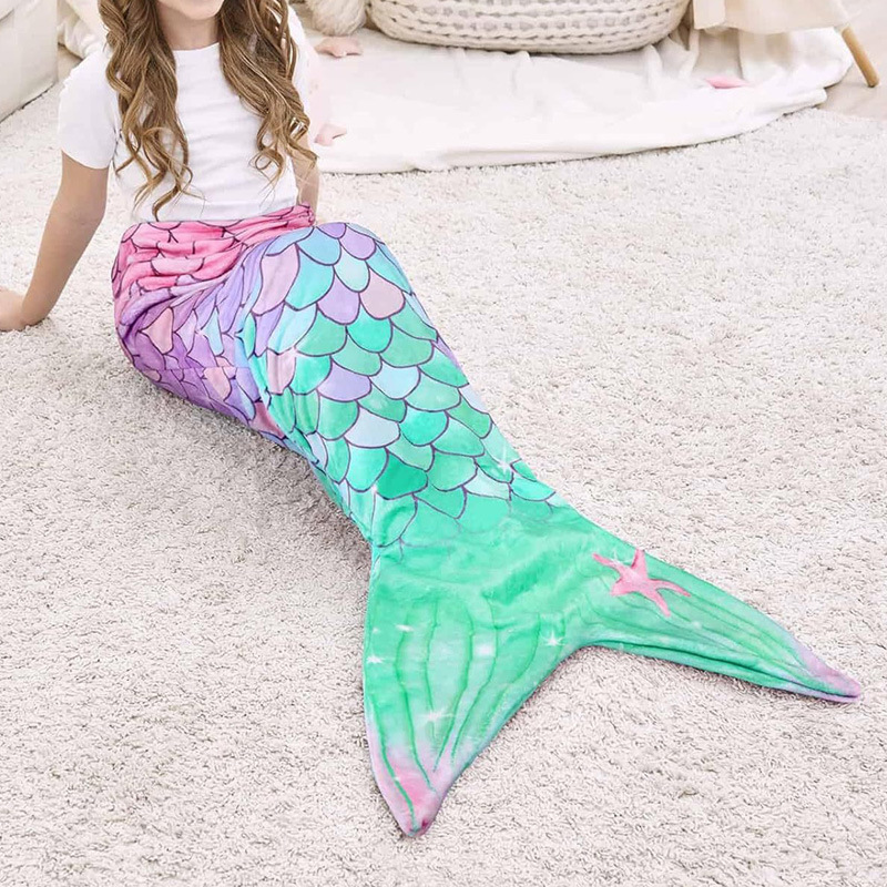 Flannel Mermaid Blanket Girl Teenager Four Seasons Soft Flannel Blanket Little Mermaid Sleeping Bag