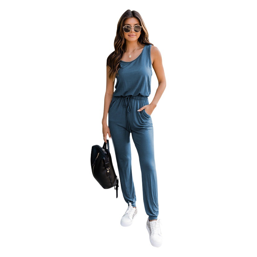 Cross-border Europe and the United States summer solid color high waist sleeveless slim pants women's fashion casual loose temperament jumpsuit