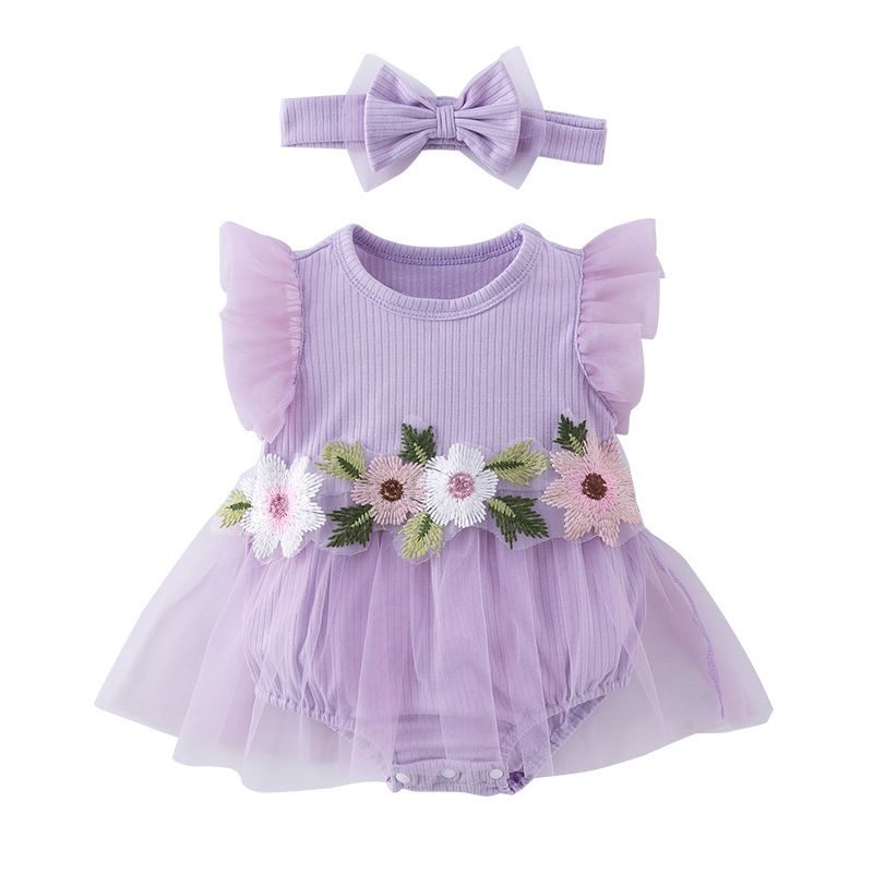 Picture of Factory Direct supply new baby girl mesh romper dress Western style cute small flower flying sleeve jumpsuit hair accessories suit
