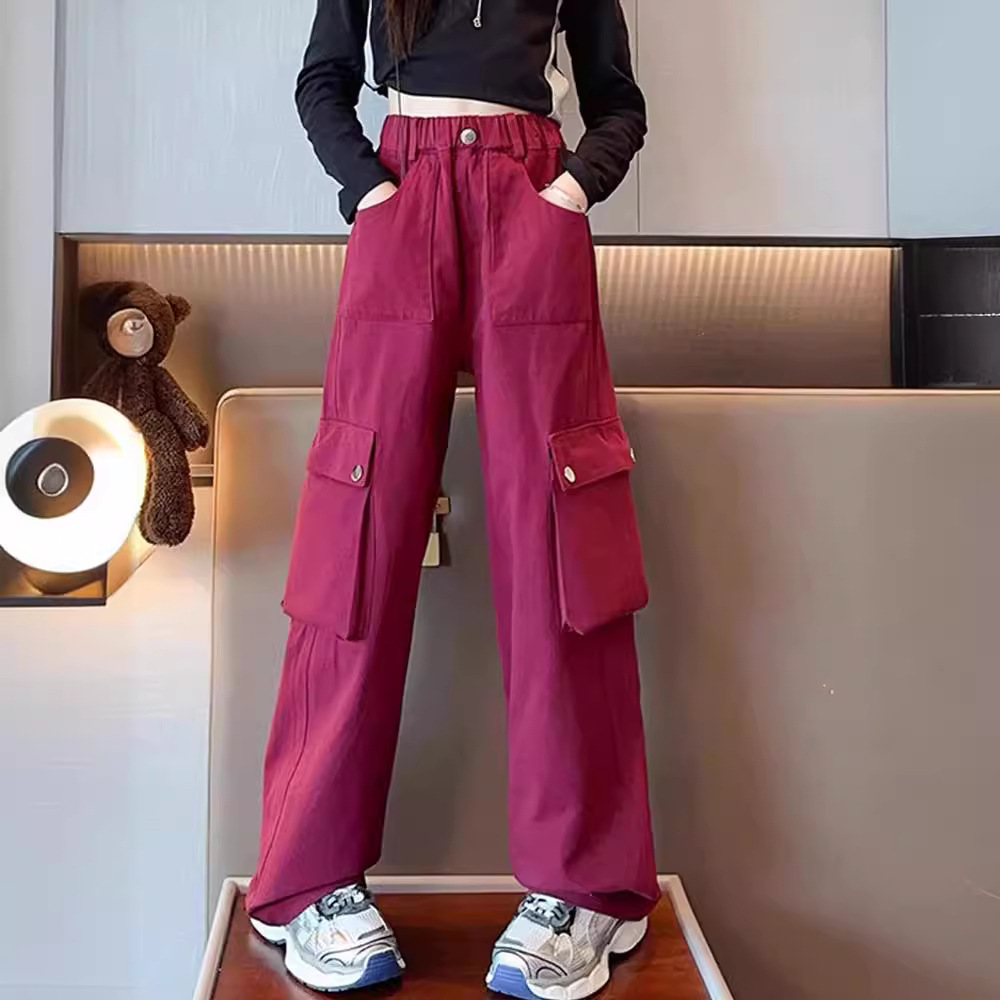 Girls' overalls spring and autumn 2024 new autumn and winter fleece-lined girls' pants children's autumn casual trousers