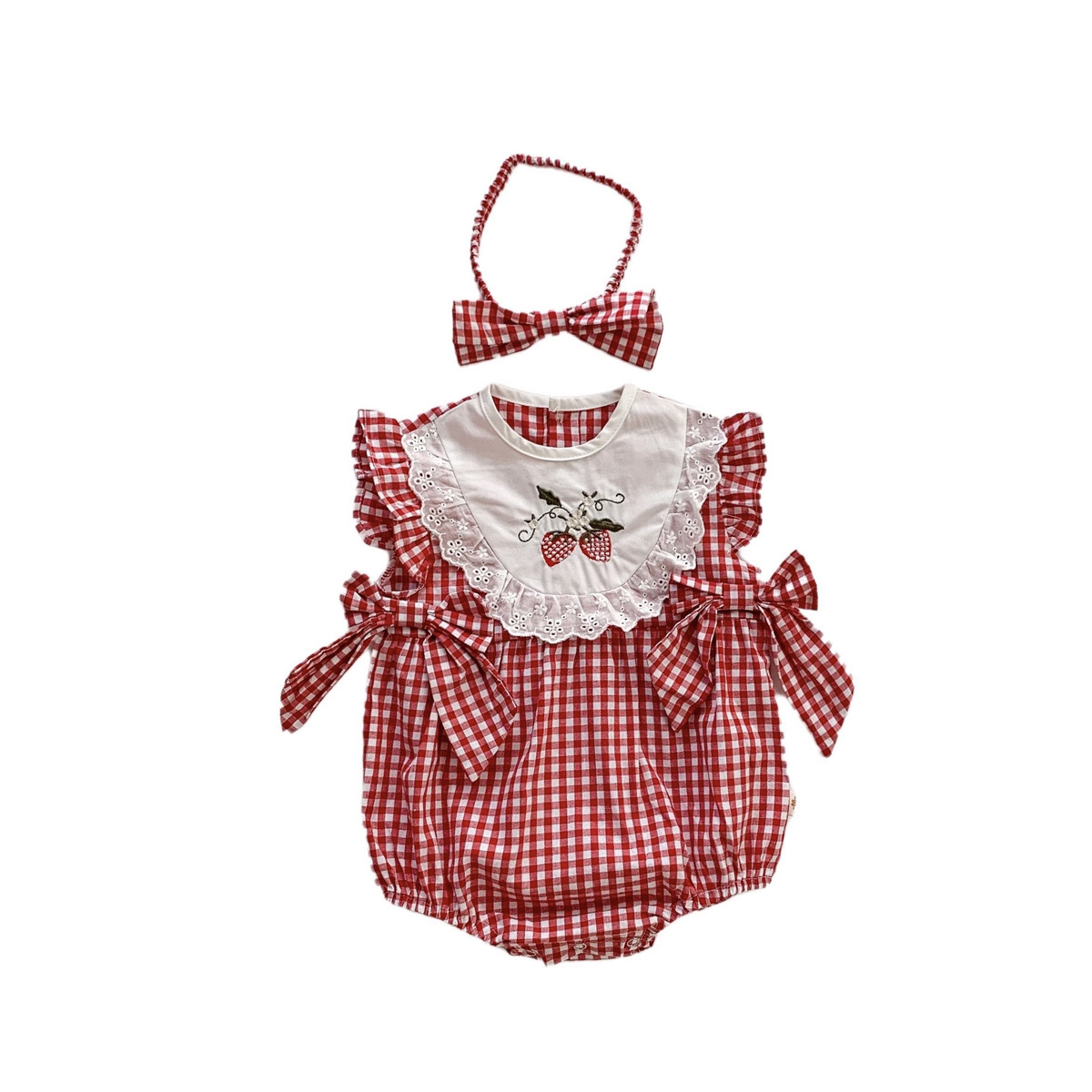 Picture of Infant Summer New Red Plaid Thin Embroidered Lace Cotton Triangle Hami Clothes for Baby Girl's one-piece climbing suit