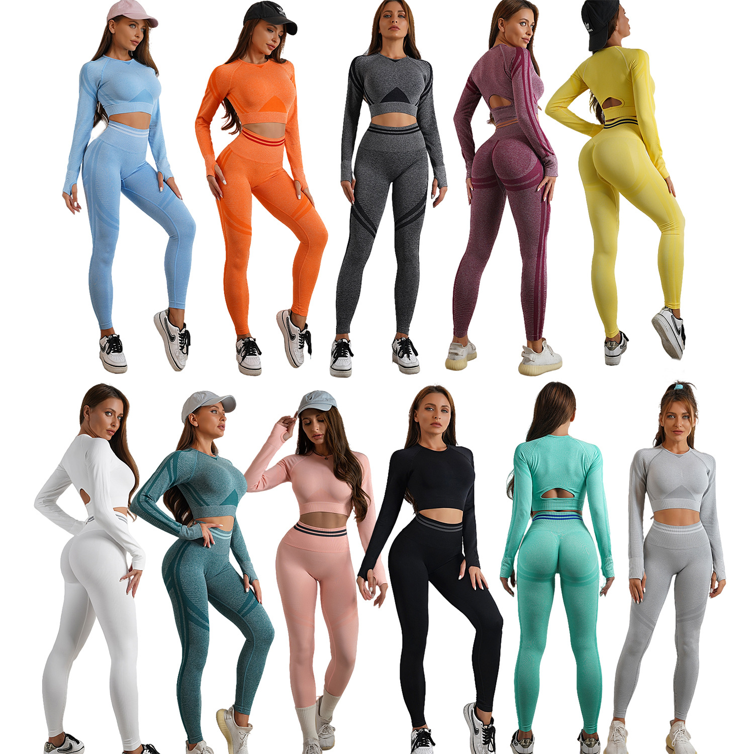 European and American five-piece hip pants fitness suit back yoga top short sleeve knitted fitness yoga clothing for women