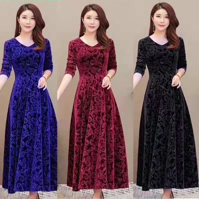 Golden Velvet V-neck Dress 2021 Spring New Arrival Long Dress Embossed Long-sleeved Women's Elegant Slim-fit Slimming Large Swing Dress