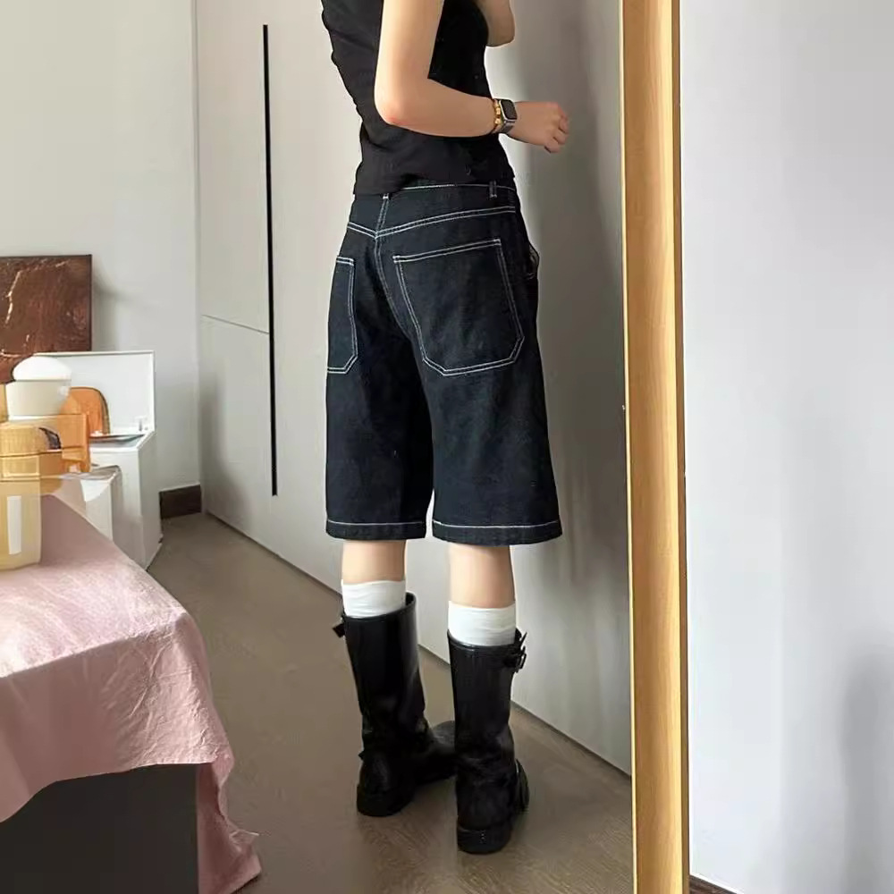 European and American High Street Wide-leg Denim Shorts Women's Summer New Casual Loose Slimming High Waist Five-point Straight Mid-leg Trendy Pants