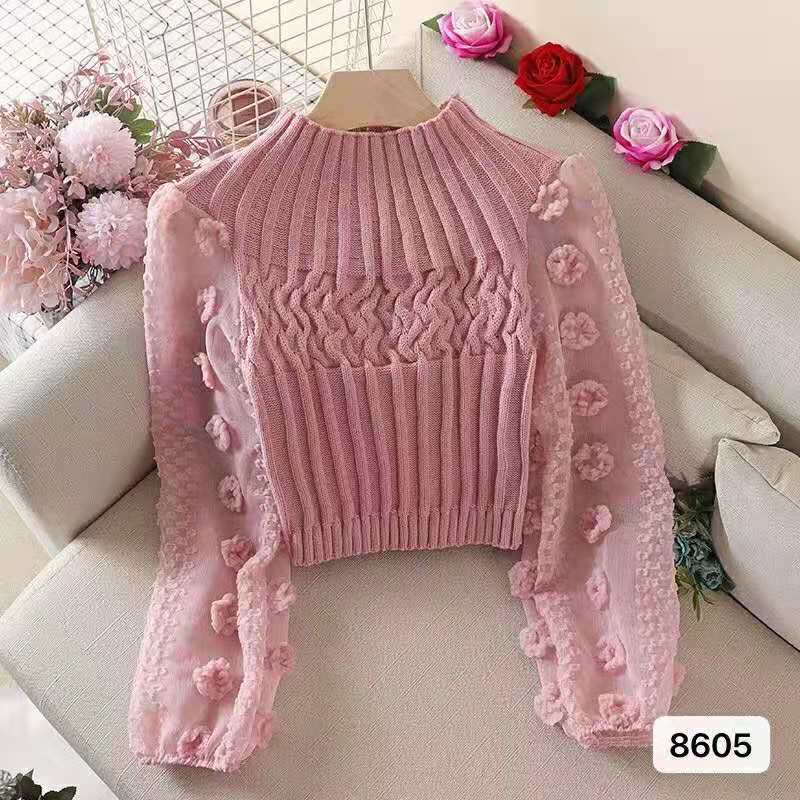 Picture of Super Fairy Puff Sleeve Mesh Splicing Round Neck Tight Slimming Short Sweater Petite Sweater