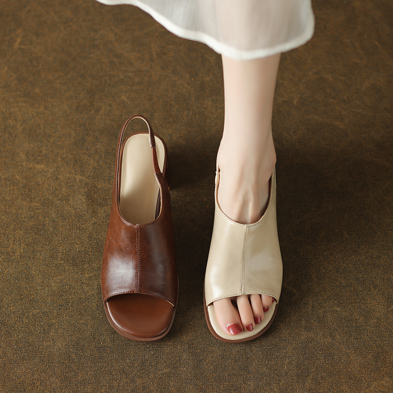 French Retro Round Toe Open Toe Thick Heel Sandals Women's 5cm High Heels Summer Comfortable Casual Roman Shoes