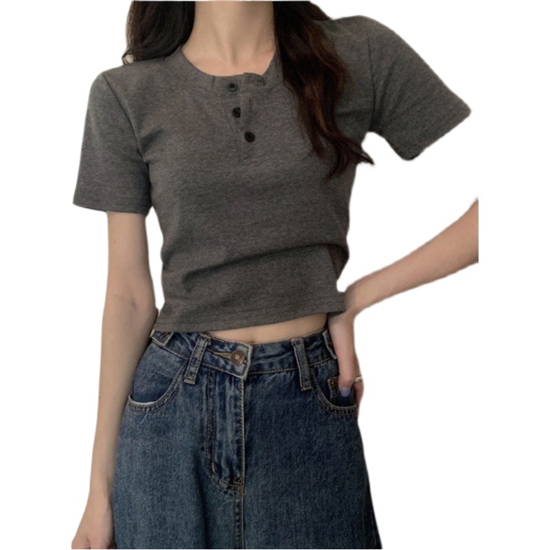Solid Color Short Bottoming Shirt for Women Summer Korean Women's Casual Short-Sleeved T-Shirt Women's Buttoned Half Open Collar Slim Top for Women