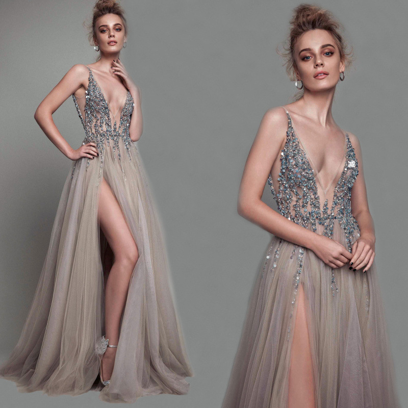 New fashion slimming gray transparent evening dress long dress banquet birthday women's sequined mesh party Company