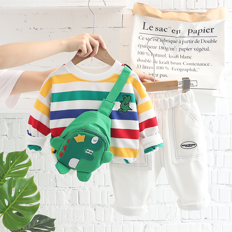 Boys' Suit New Children's Spring and Autumn Sports Baby's Casual Trendy Boys' Autumn Dress Color Strip Dinosaur Two-piece Trendy