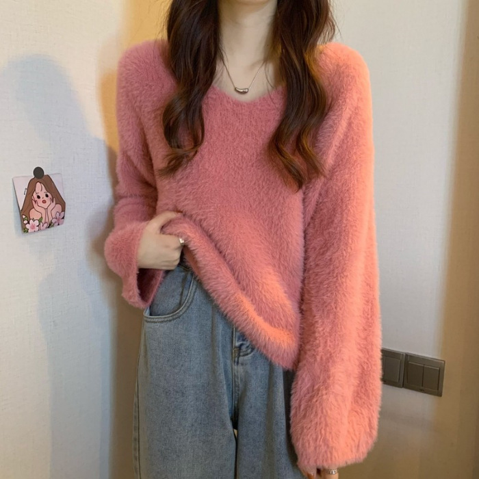 Picture of Loose Imitation Mink Velvet Knitwear for Women in Autumn and Winter, Thickeneded and Warm V-Neck with Long-Sleeved Bottoming Knitwear Top