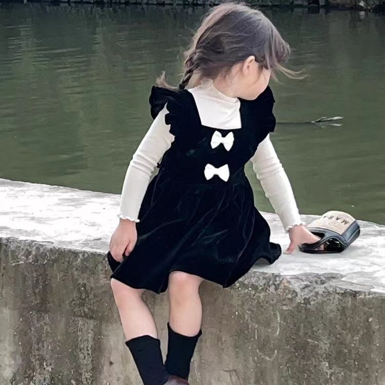 Long-Sleeved Top Bottoming Shirt + Small Flying Sleeves Gold Velvet Vest Dress Sweet Girl Autum Two-Piece Suit