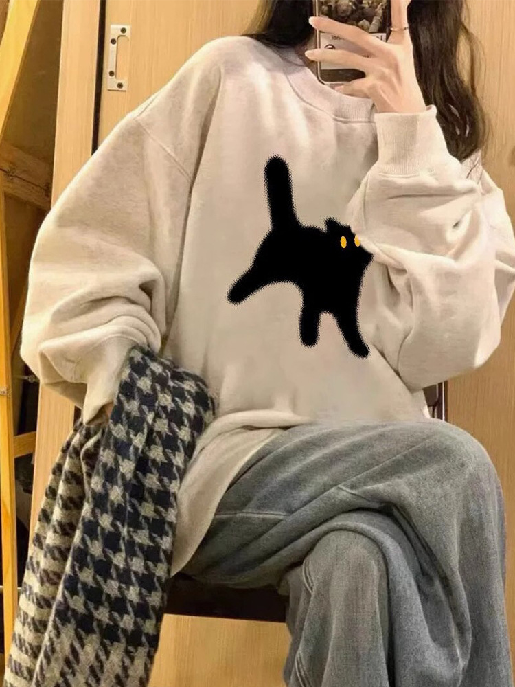 Picture of American Retro Oversize Round Neck Sweatshirt for Women 2025 New Spring and Autum Gray Velvet Early Autum Outwear Top