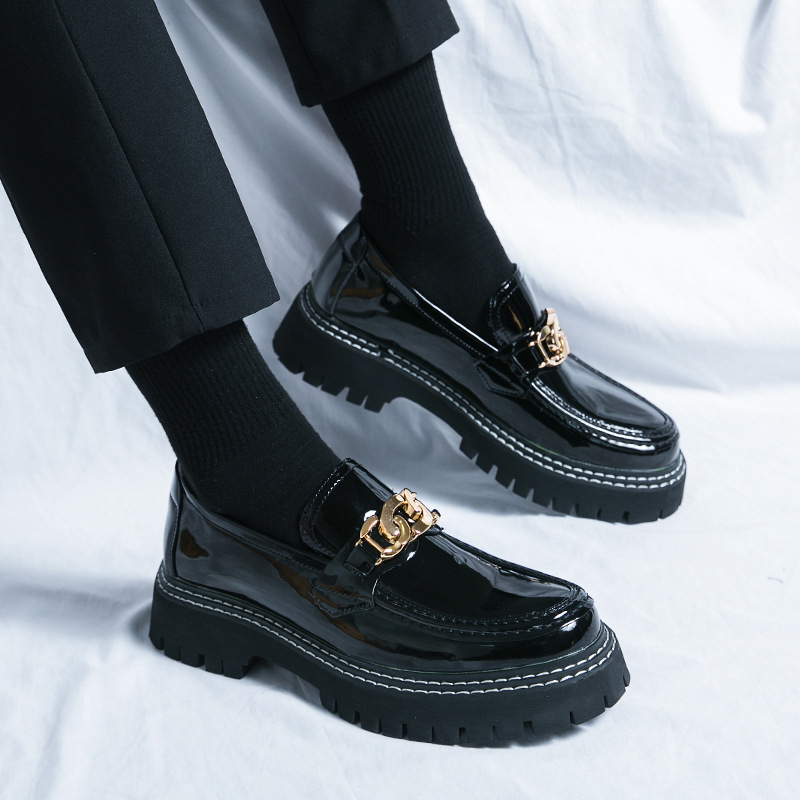 High-end Luxury Leather Shoes Men's High-end Feeling British Height-raising Thick-soled Fashionable Shiny Slip-on Casual Loafers